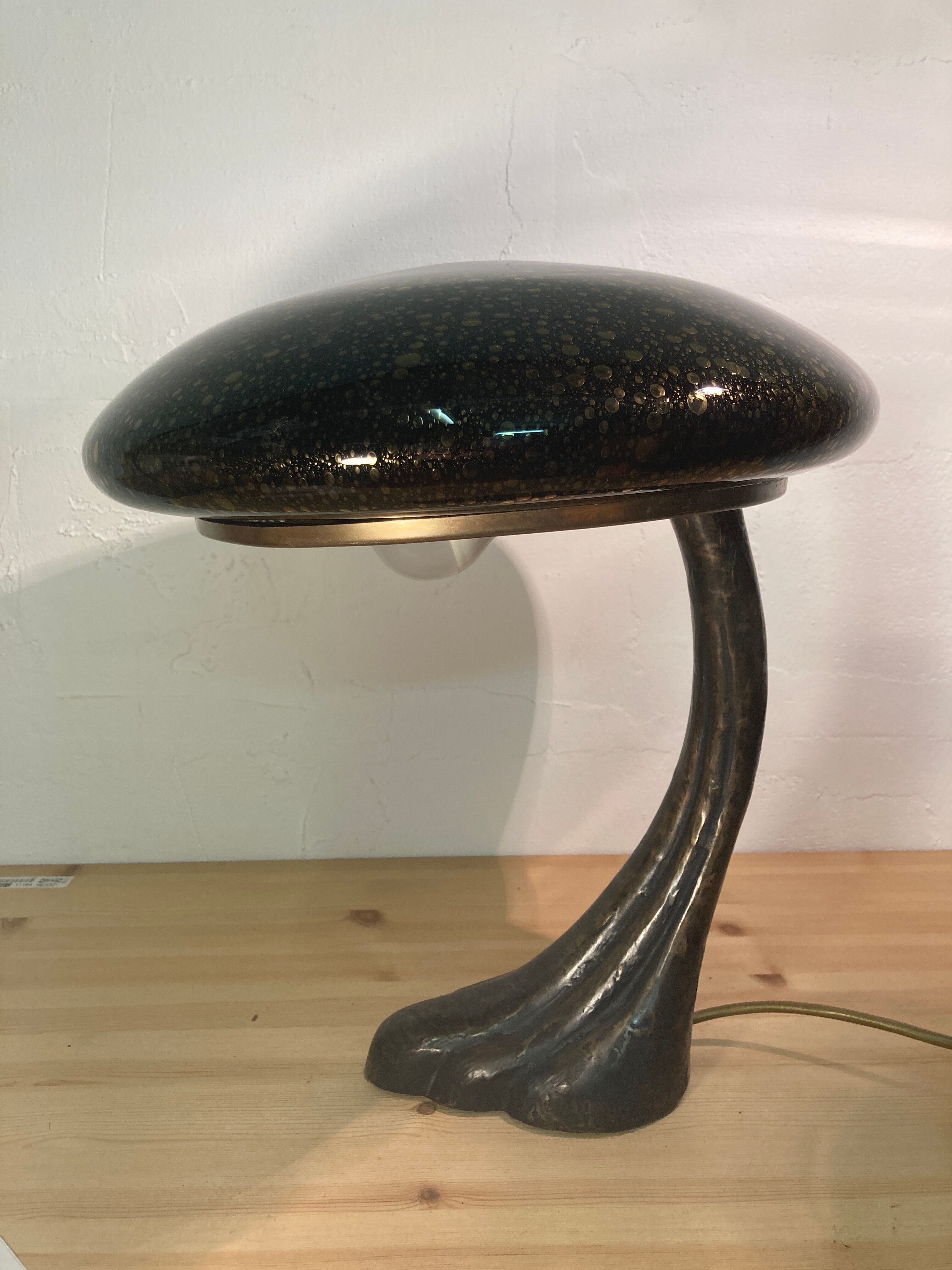 Art Deco organic mushroom bronze Murano bubble glass desk lamp