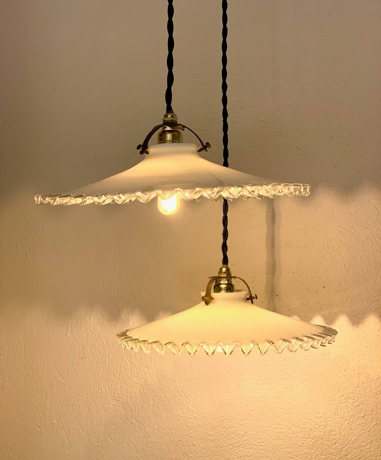 Pair of serrated opaline bistro pendant lights