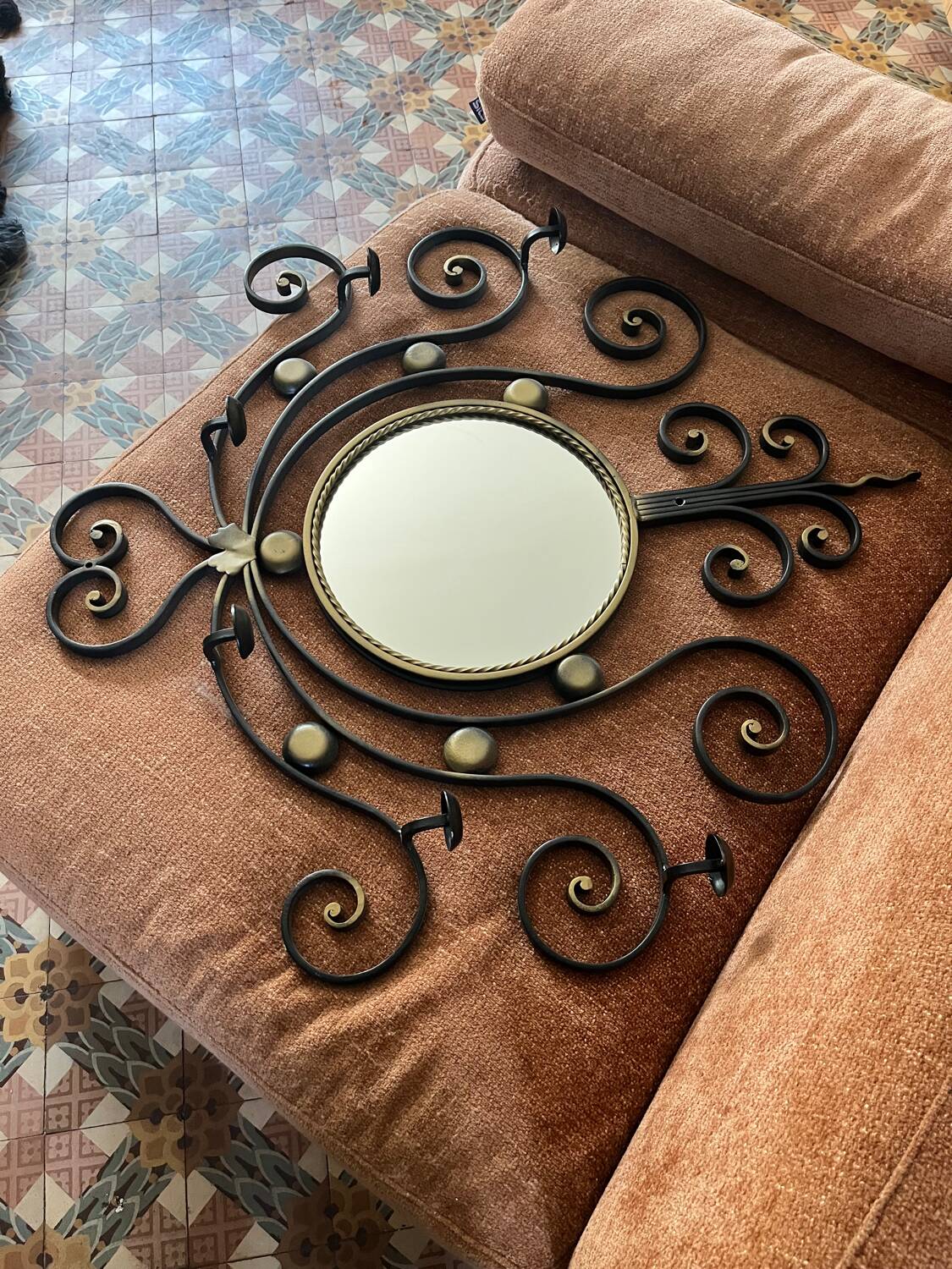 Black wrought iron sun mirror, Vallauris 1960-70