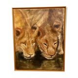 Oil on canvas "Lionesses au Marigot" by Dominique PROTTI-BARAIZE