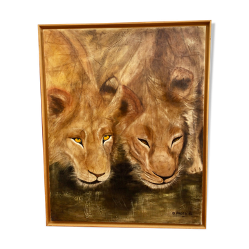 Oil on canvas "Lionesses au Marigot" by Dominique PROTTI-BARAIZE