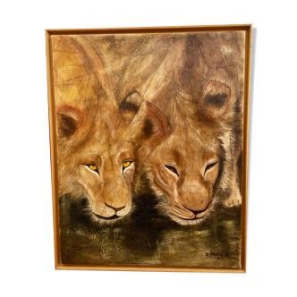 Oil on canvas "Lionesses au Marigot" by Dominique PROTTI-BARAIZE