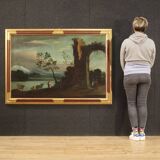 Peinture italienne de paysage avec personnages et ruines du XVIIIe siècle