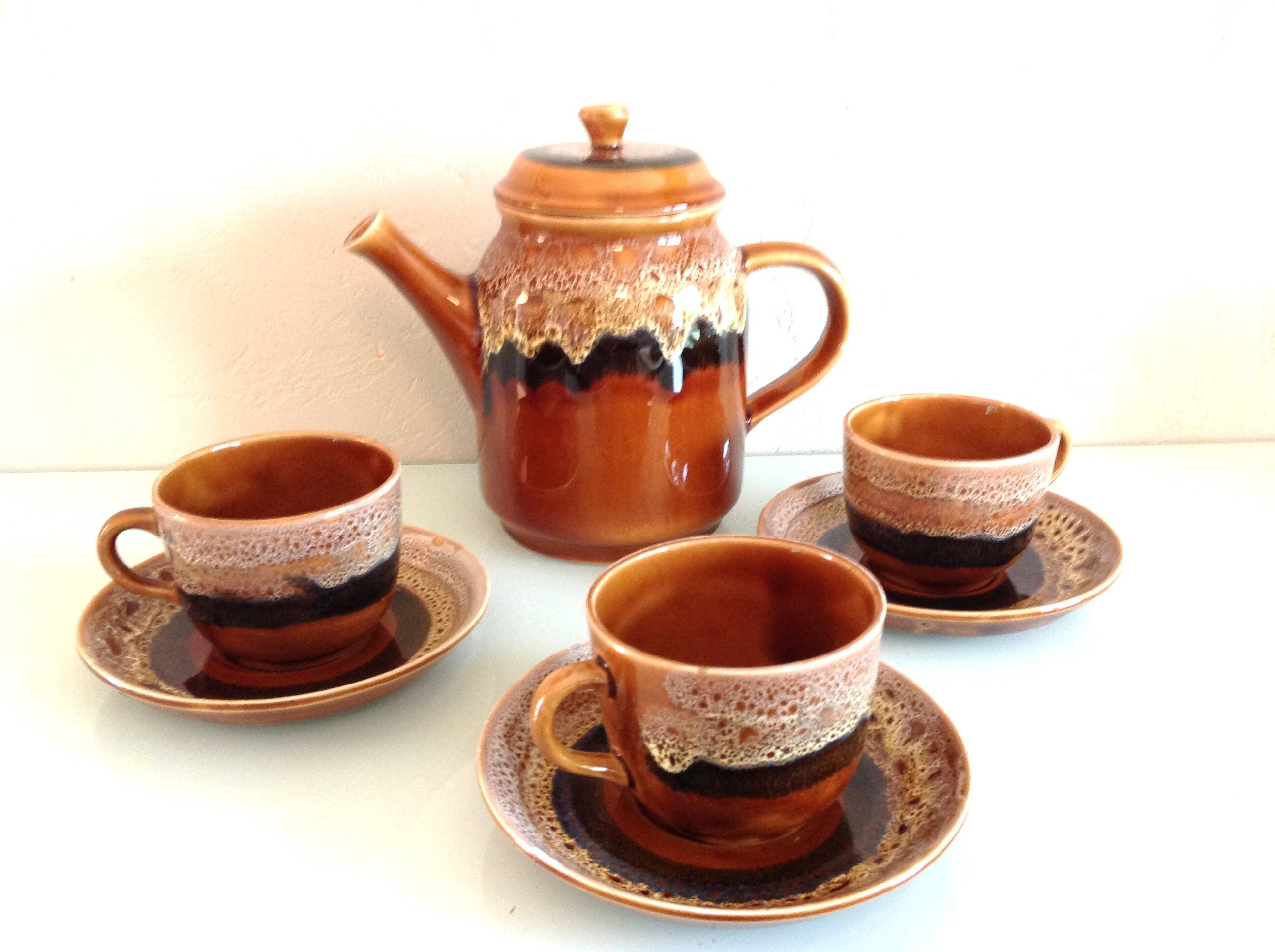 Hawaiian decor coffee service from the Sarreguemines faience factories / vintage 60s-70s