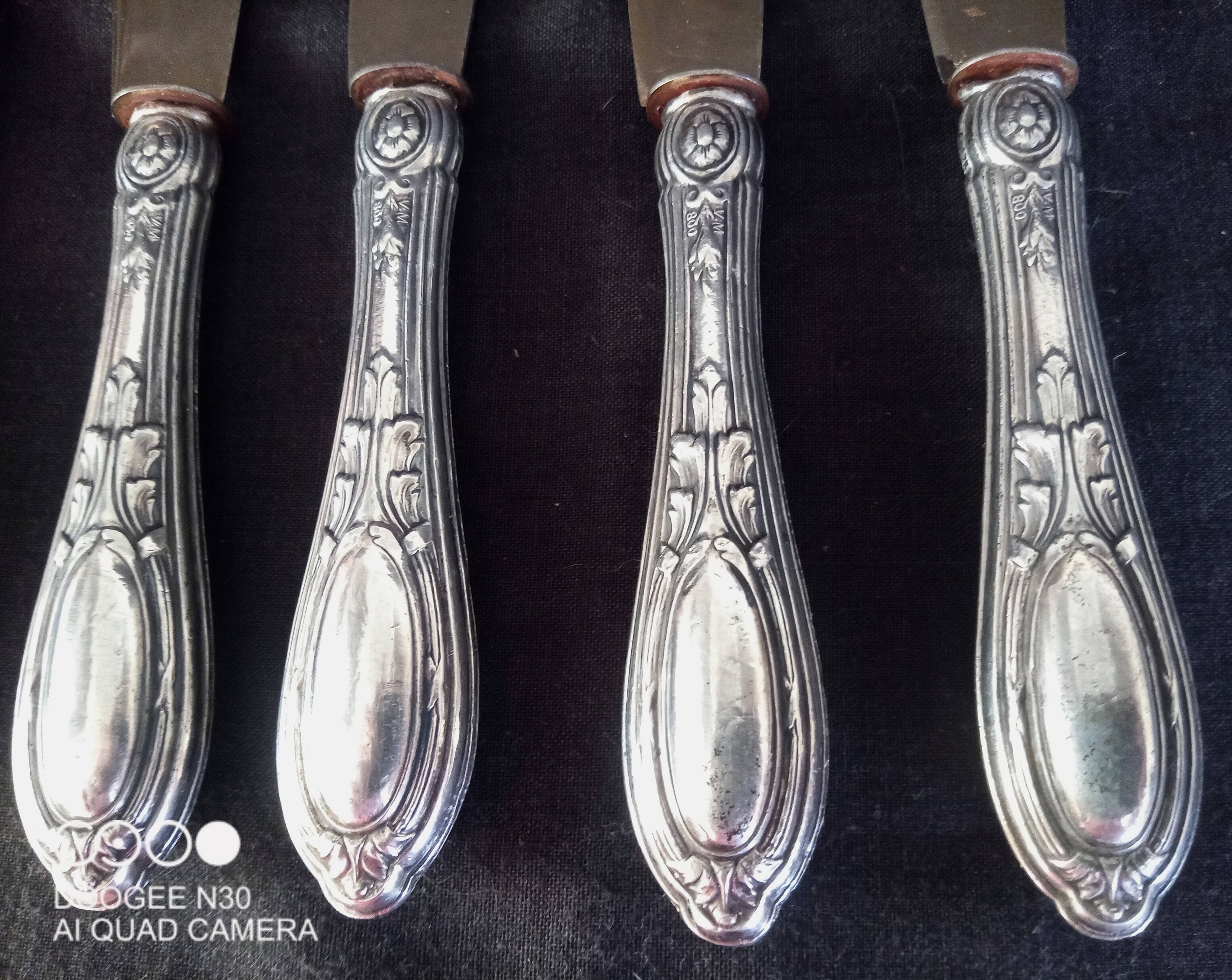 Set of 7 old cheese knives, Solingen brand, in VM800 silver and vermeil