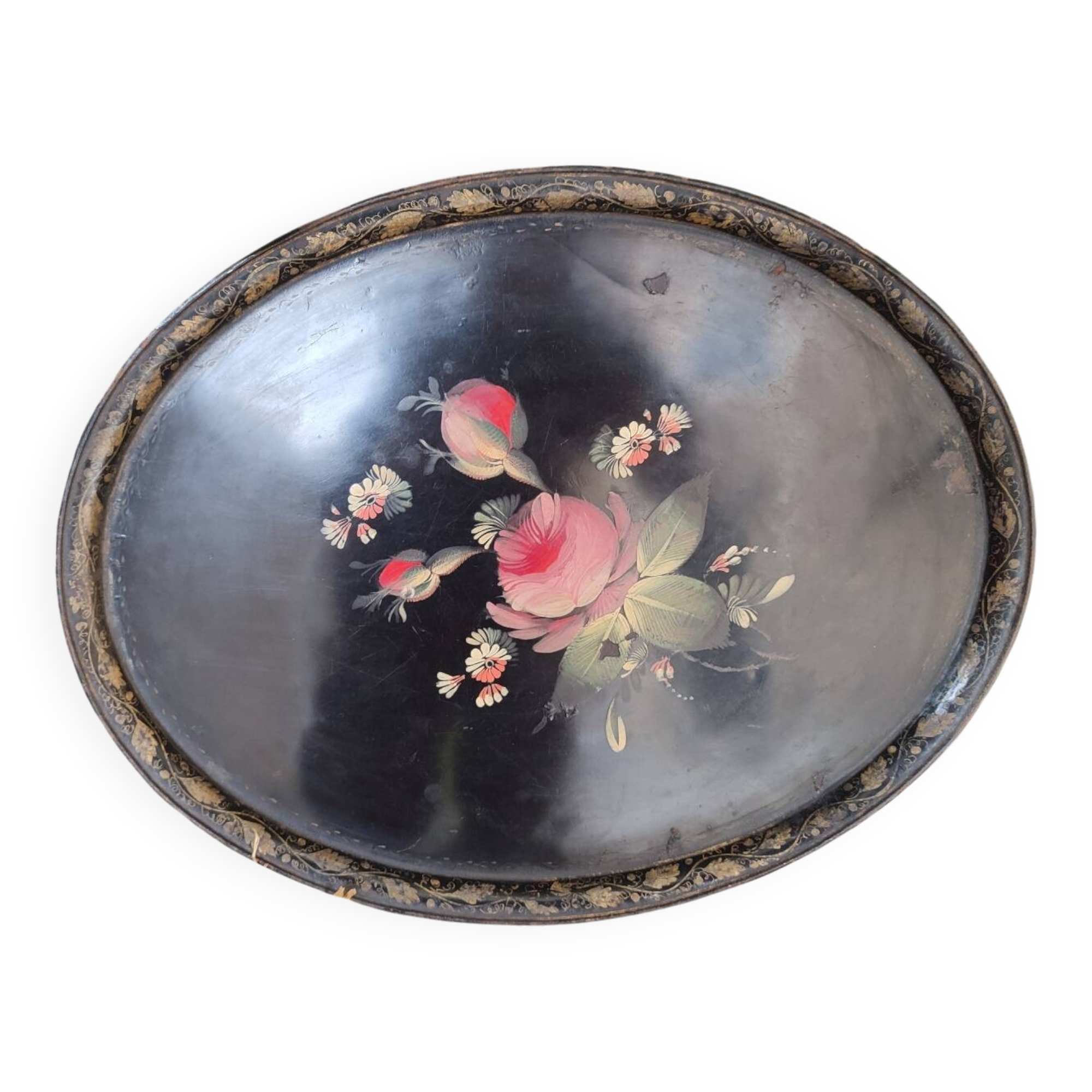 Hand-painted tray in enamelled sheet metal with a bouquet of Napoleon flowers