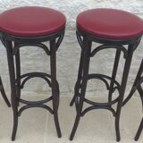 4 professional bistro stools with burgundy red imitation top in solid curved wood in the