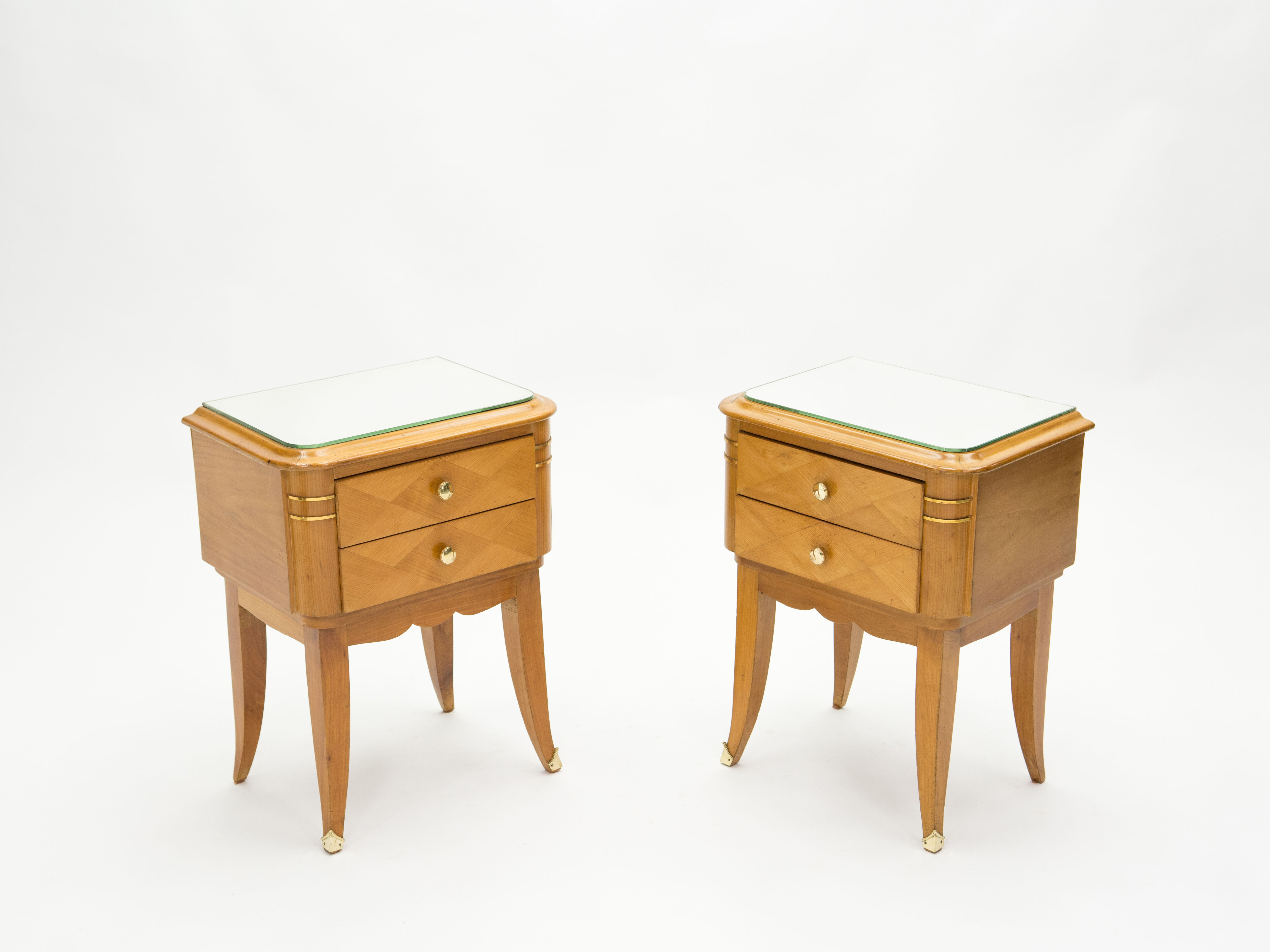 Pair of bedsides in sycamore brass mirror by Jean Pascaud 1940