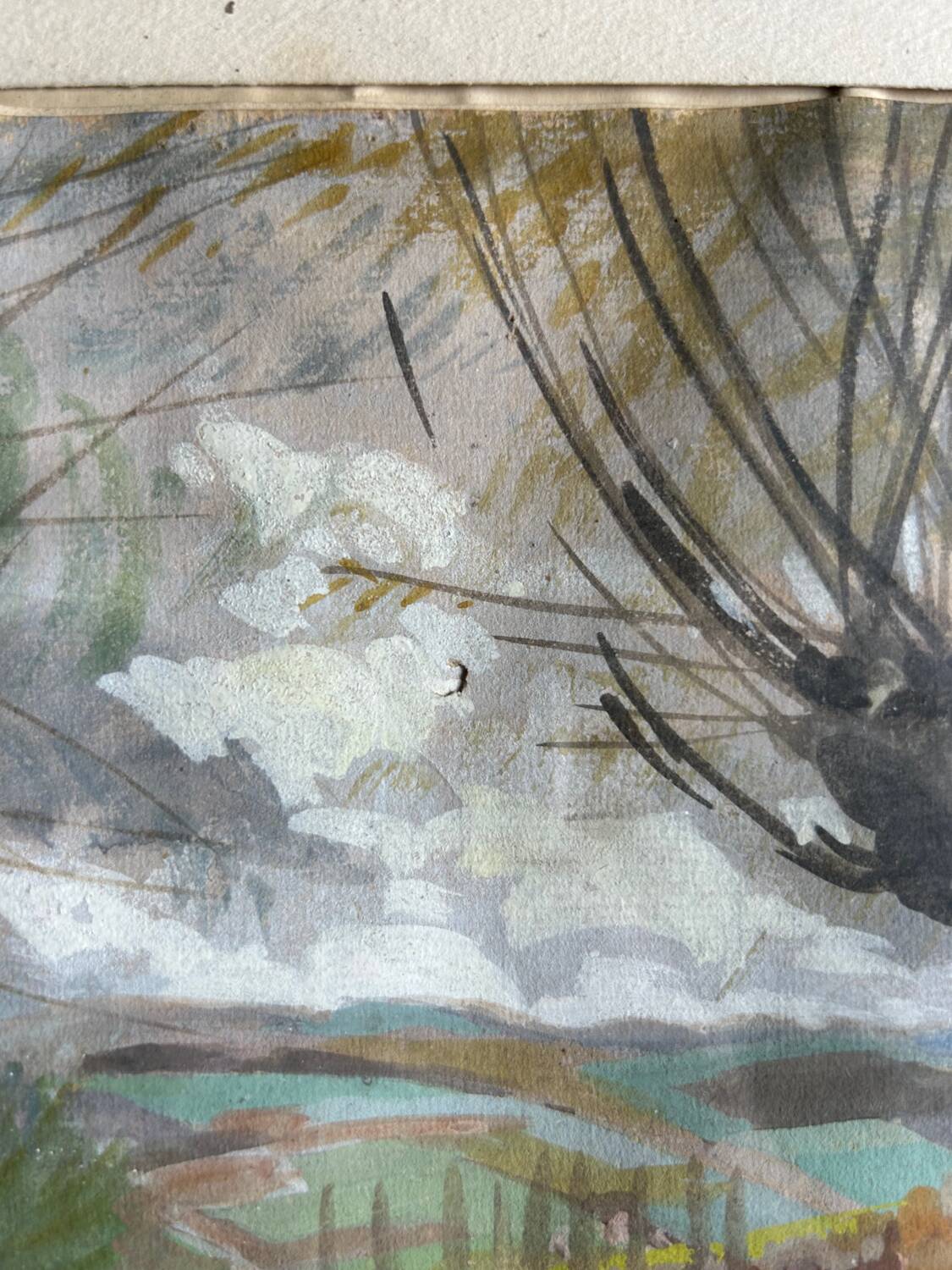 Oeuvre originale, Paysage d'Hiver Breton, Gouache de Suzanne Gueguen, 1940