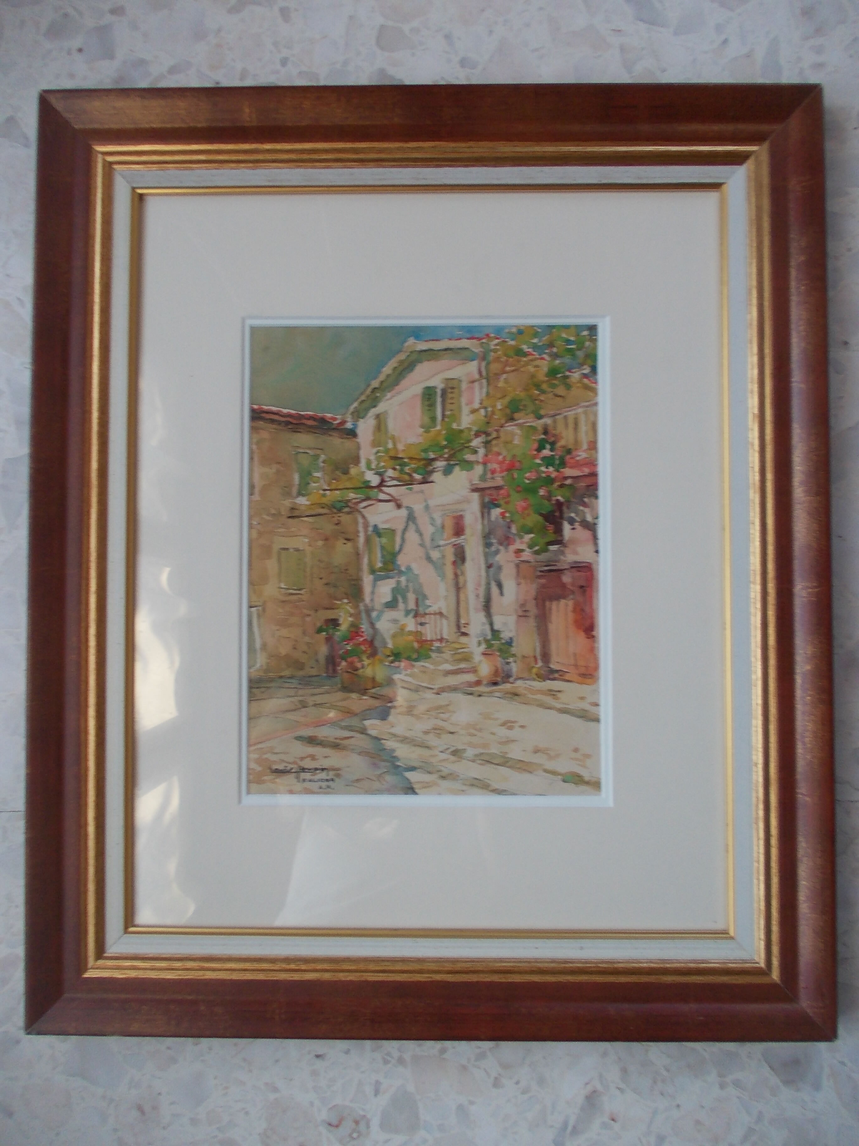 Watercolor by Louis Houpin, rue du four falicon alpes maritimes 06, reframed wood and gold