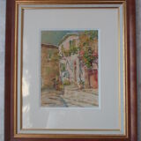 Aquarelle de Louis Houpin : rue du four falicon alpes maritimes 06, réencadrée bois et or