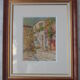 Aquarelle de Louis Houpin : rue du four falicon alpes maritimes 06, réencadrée bois et or