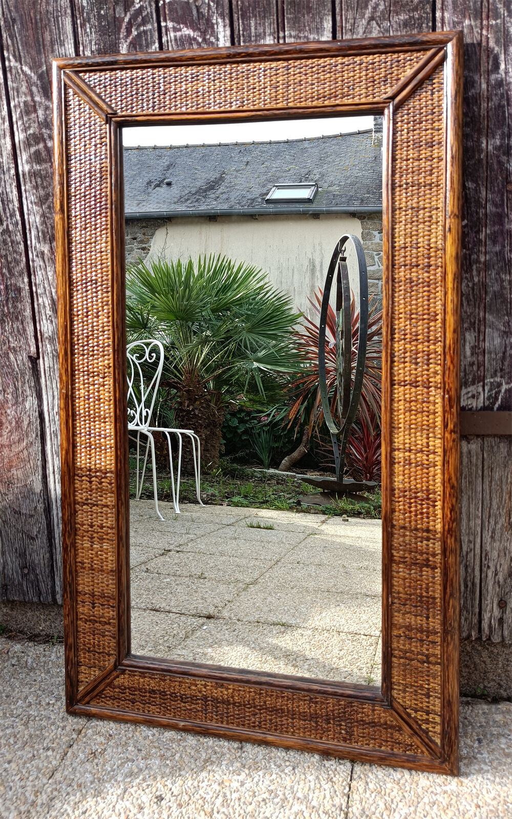 Mirror maugrion, bamboo and rattan, vintage, 80s