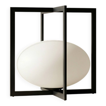 Minimalist Cube Table Lamp Black Metal Opal Glass Geometric European 1970s