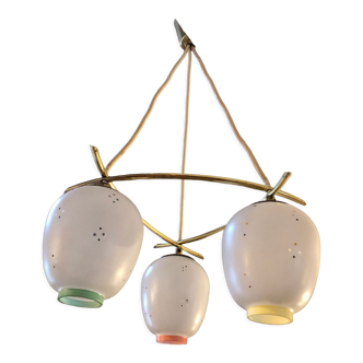 Chandelier 3 glass and brass globes 1960/70