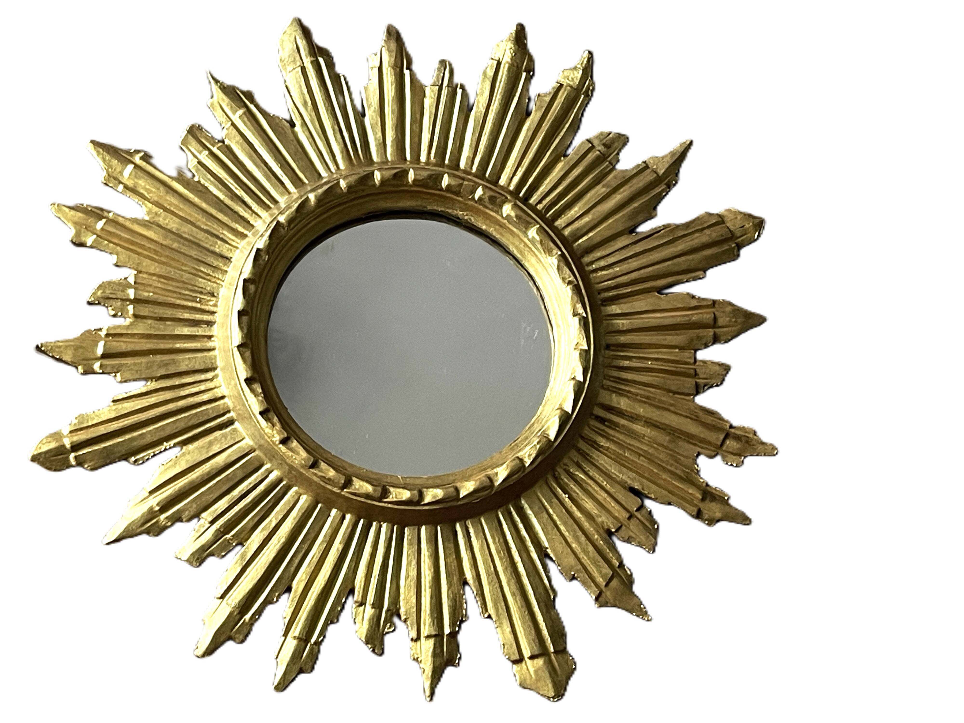 golden wooden sun mirror - 48 cm