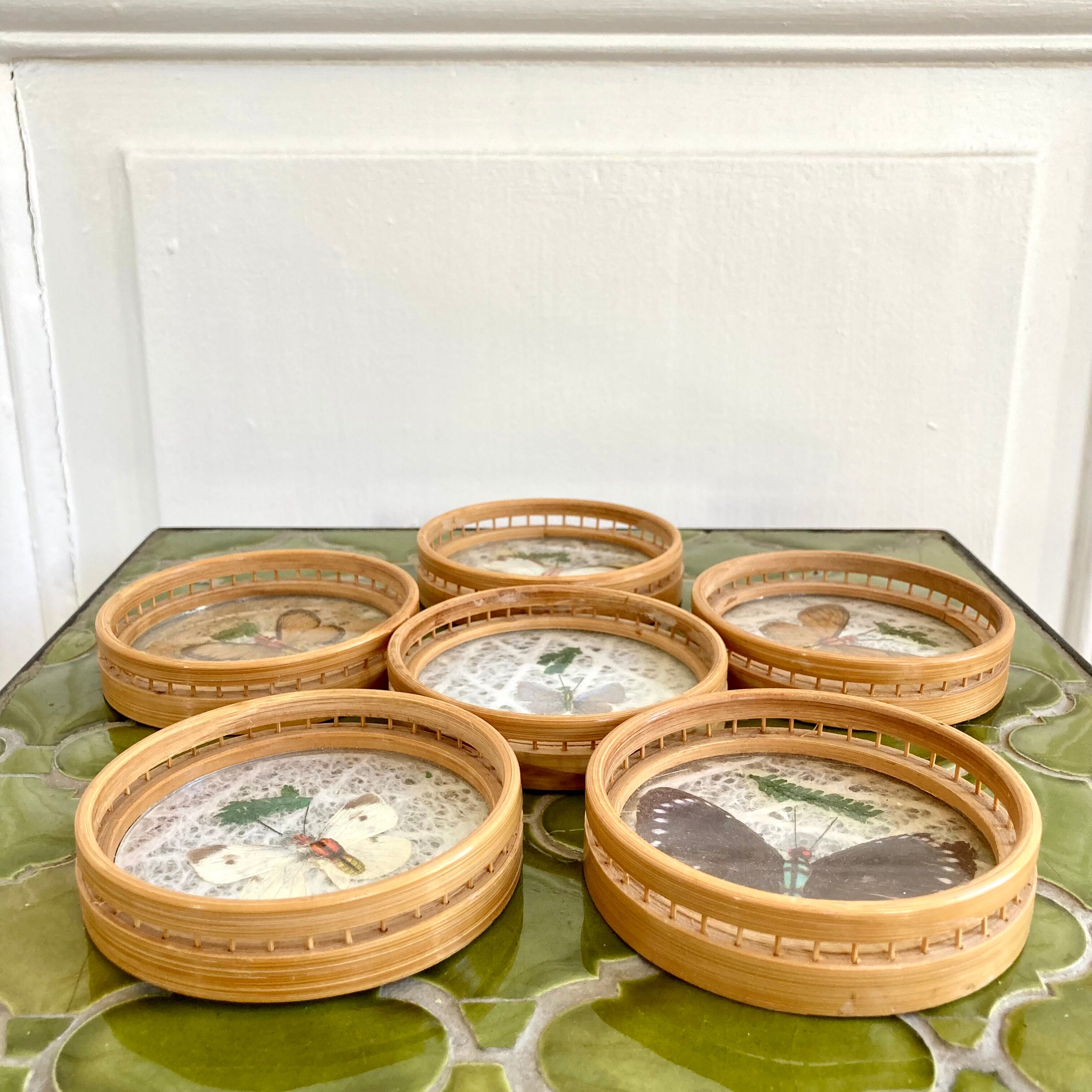 Bamboo butterfly tray and 6 vintage coasters