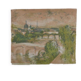 Paul Collomb: Bridge of Paris, original signed lithograph.