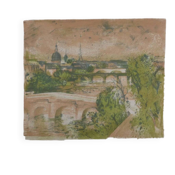 Paul Collomb: Bridge of Paris, original signed lithograph.