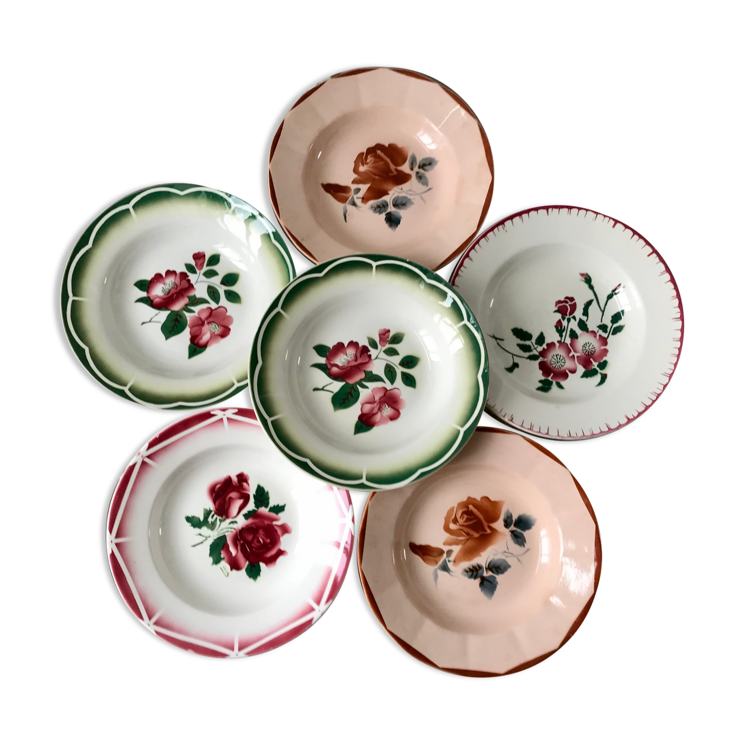 Set of 6 mismatched hollow plates Digoin Sarreguemines years 30-40