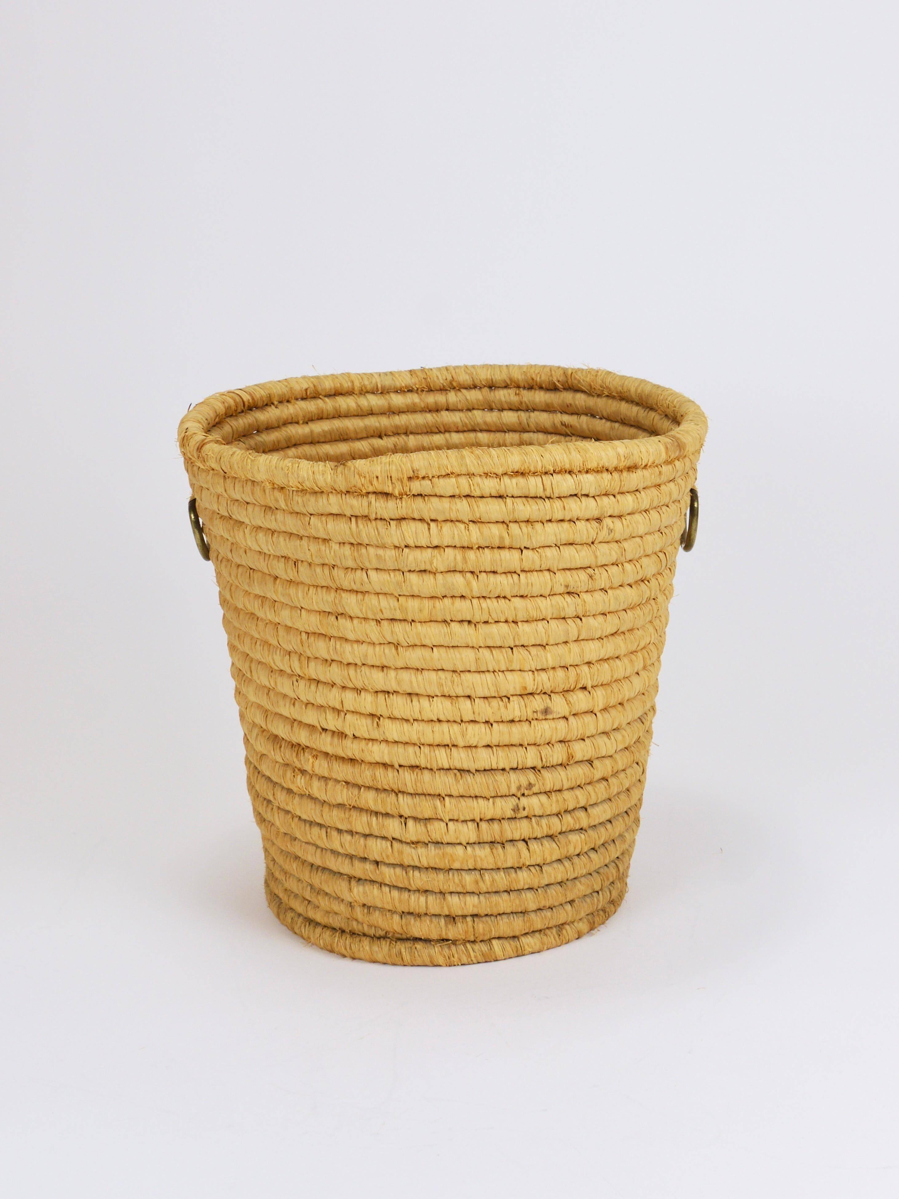 Carl Auböck II paper basket in raffia and brass, umbrella stand, 1950s