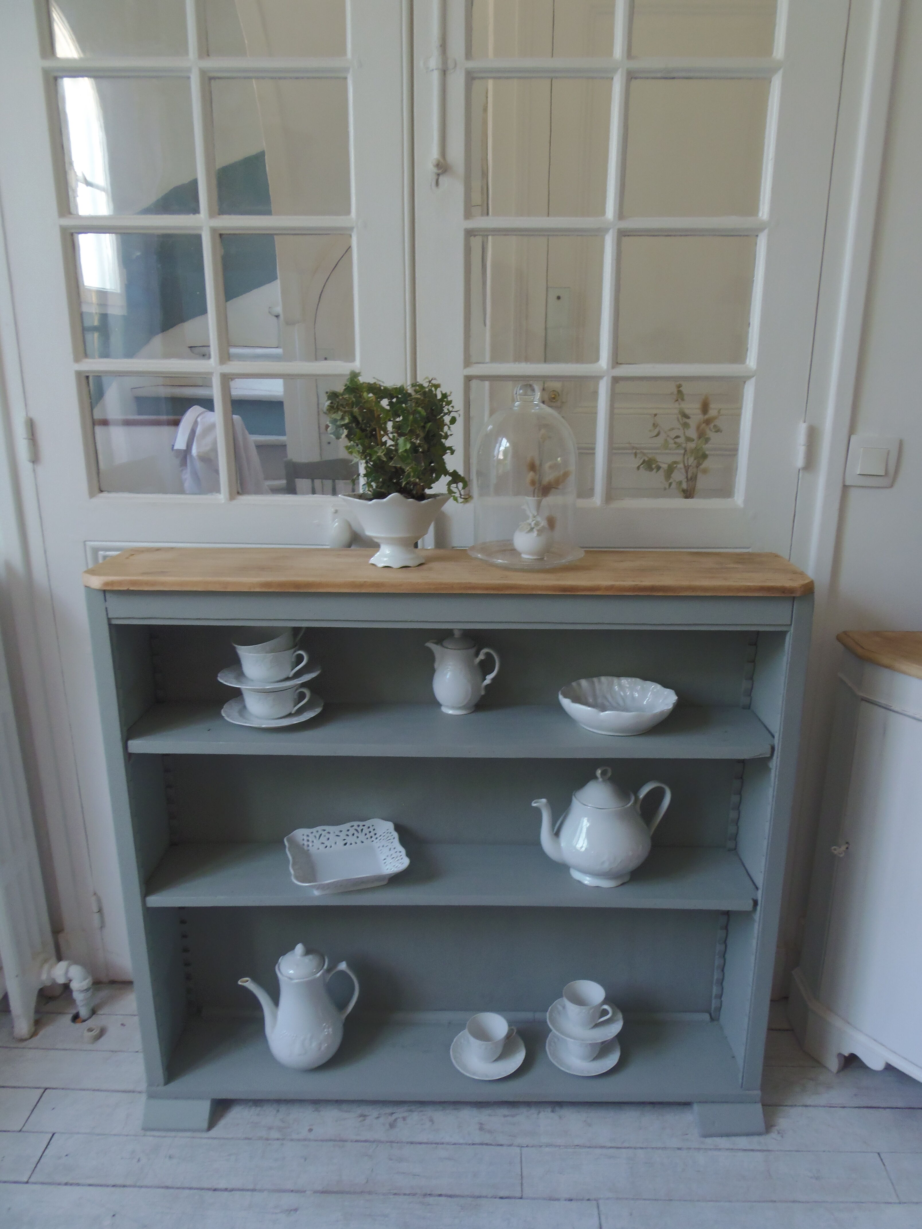 Vintage shallow bookcase, re-enchanted in gray green, wooden tray.
