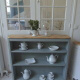 Vintage shallow bookcase, re-enchanted in gray green, wooden tray.