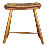 Tabouret style scandinave en paille et bois, années 1950