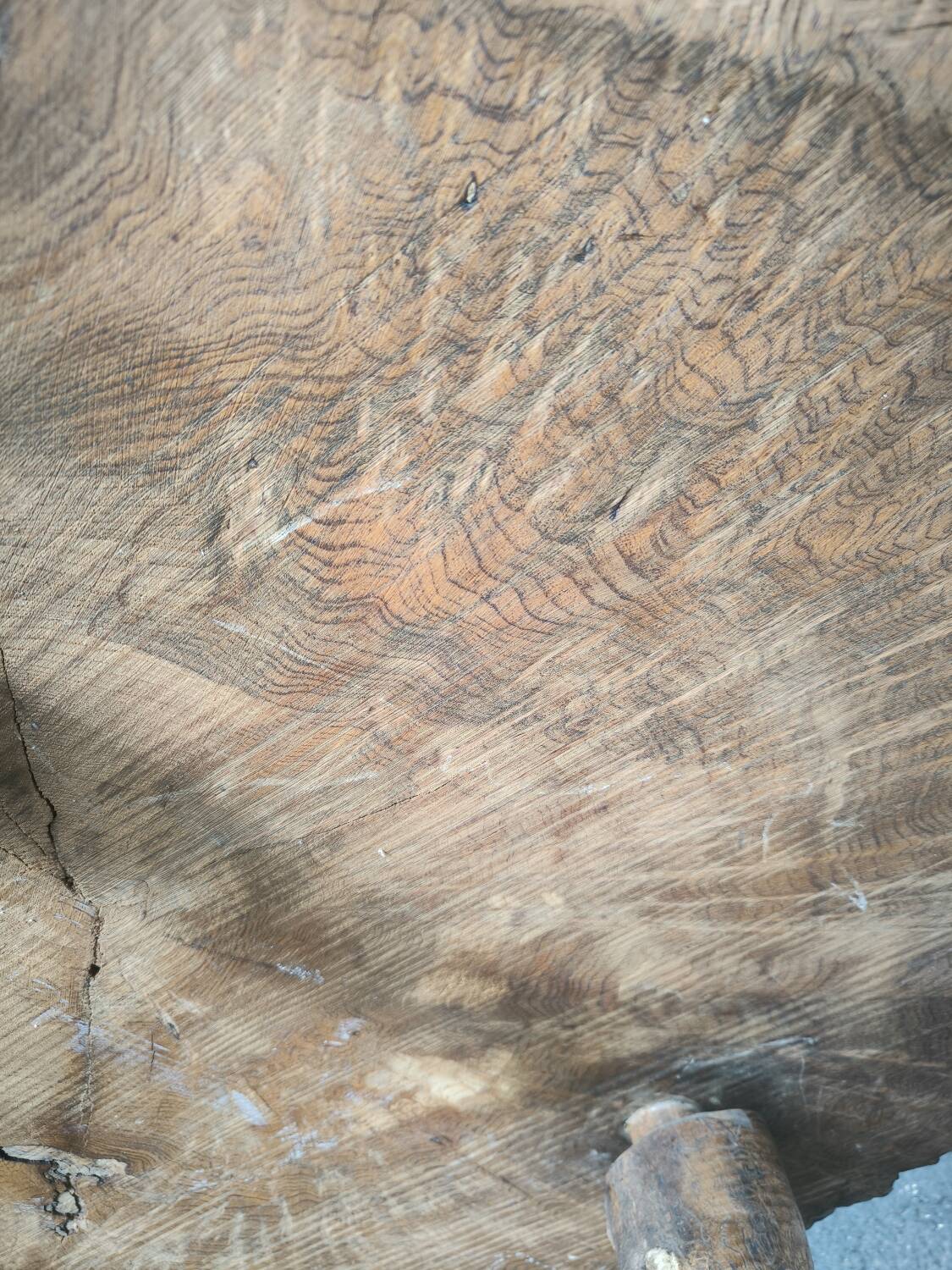 Brutalist coffee table in solid elm burl 108 cm diameter
