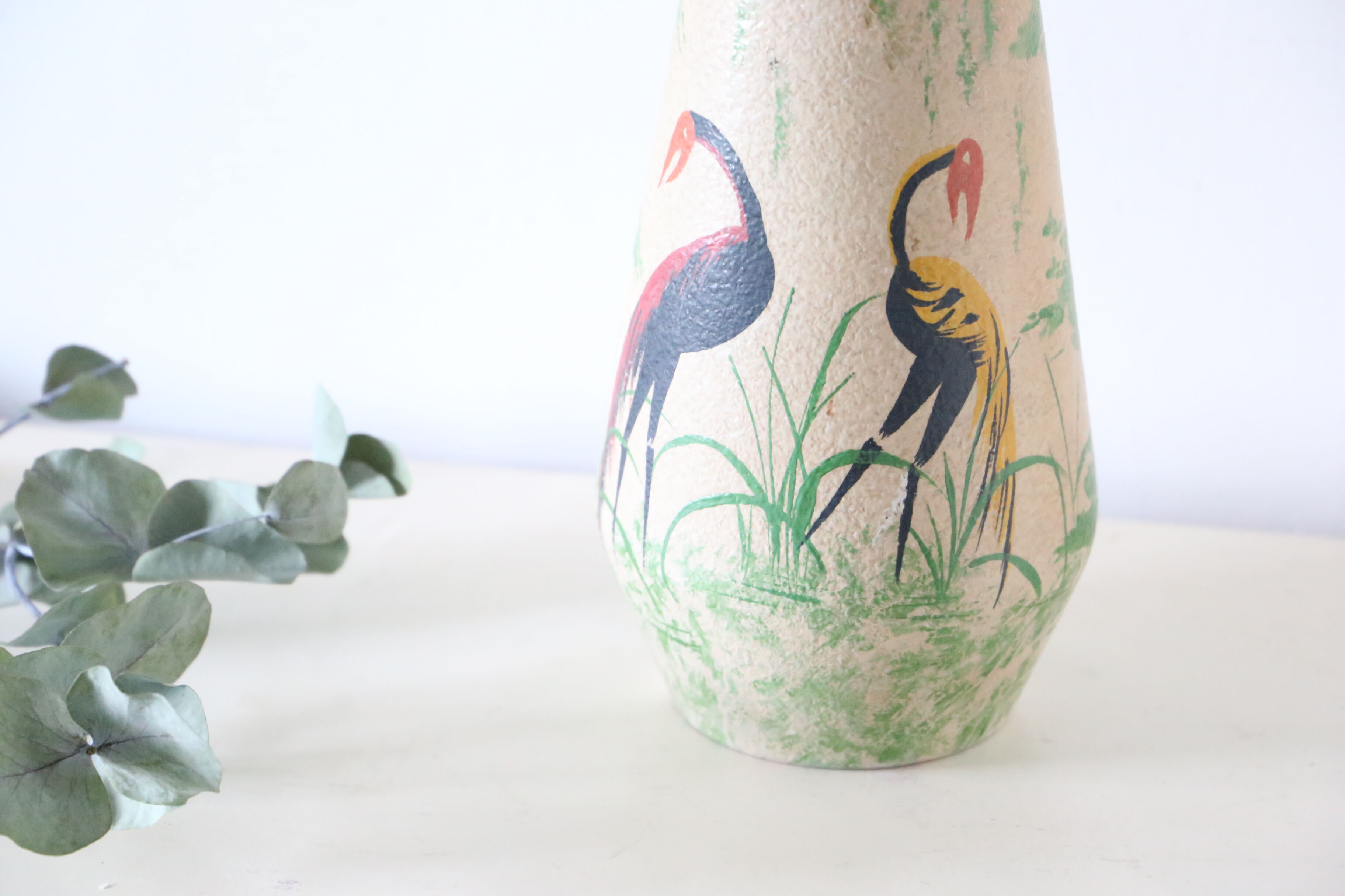 German ceramic vase foreign storks pattern, 1960