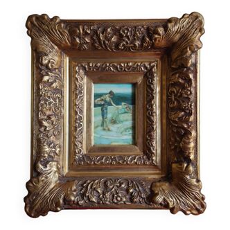 Oil painting on wood signed gilded frame xx century