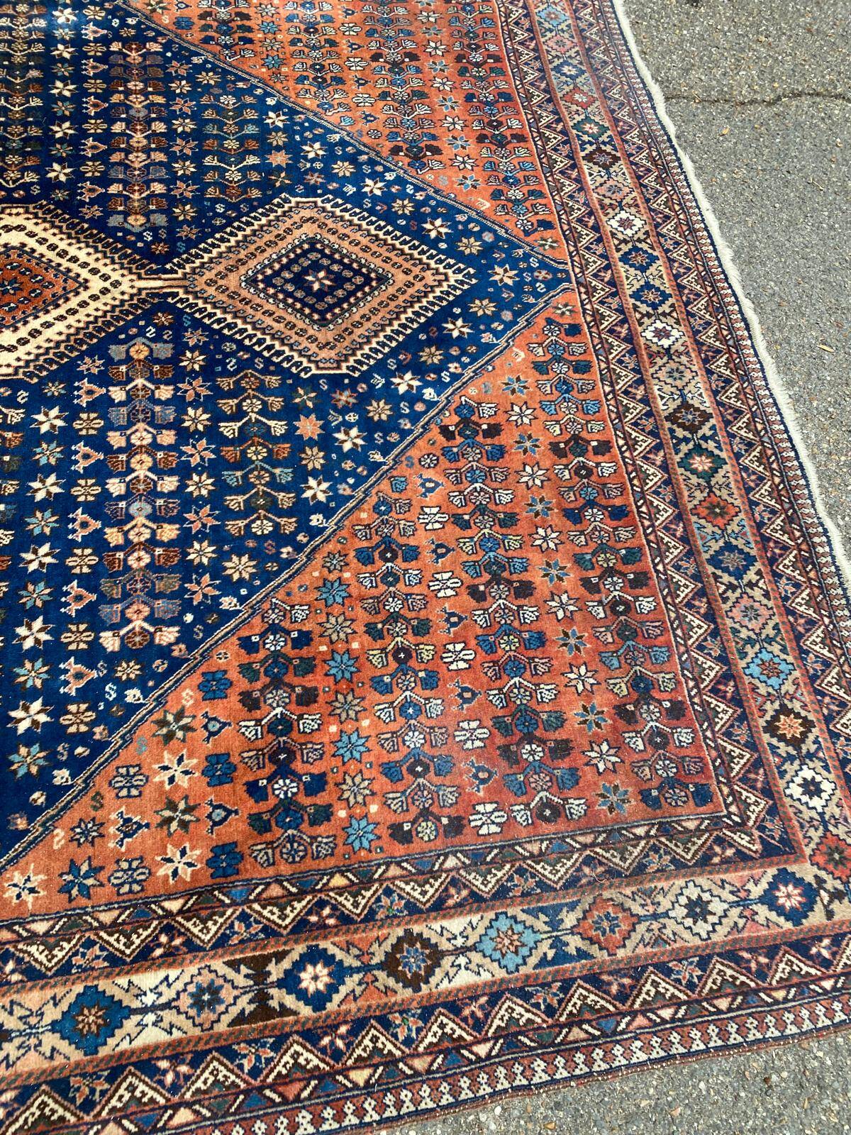 Handmade Yalameh Persian rug 200x300 indigo blue terracotta