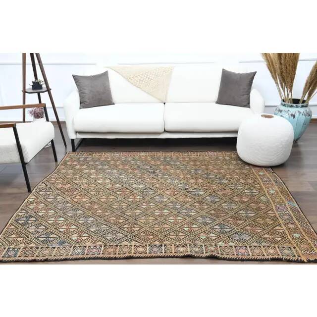 1970s vintage Turkish Oushak handmade wool cotton beige runner rug 185x212