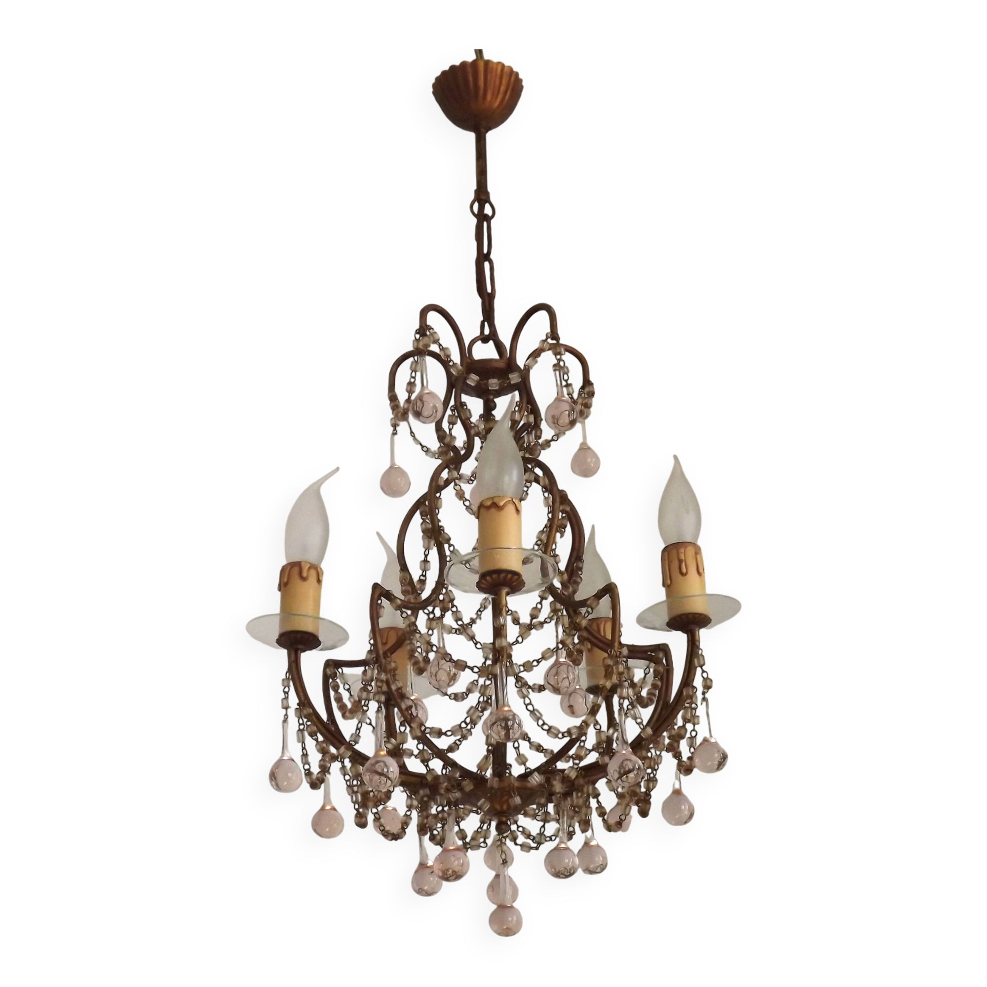 Vintage Italian 5 Arm Gilded Metal Cage Chandelier Beads &Pink Murano Drops