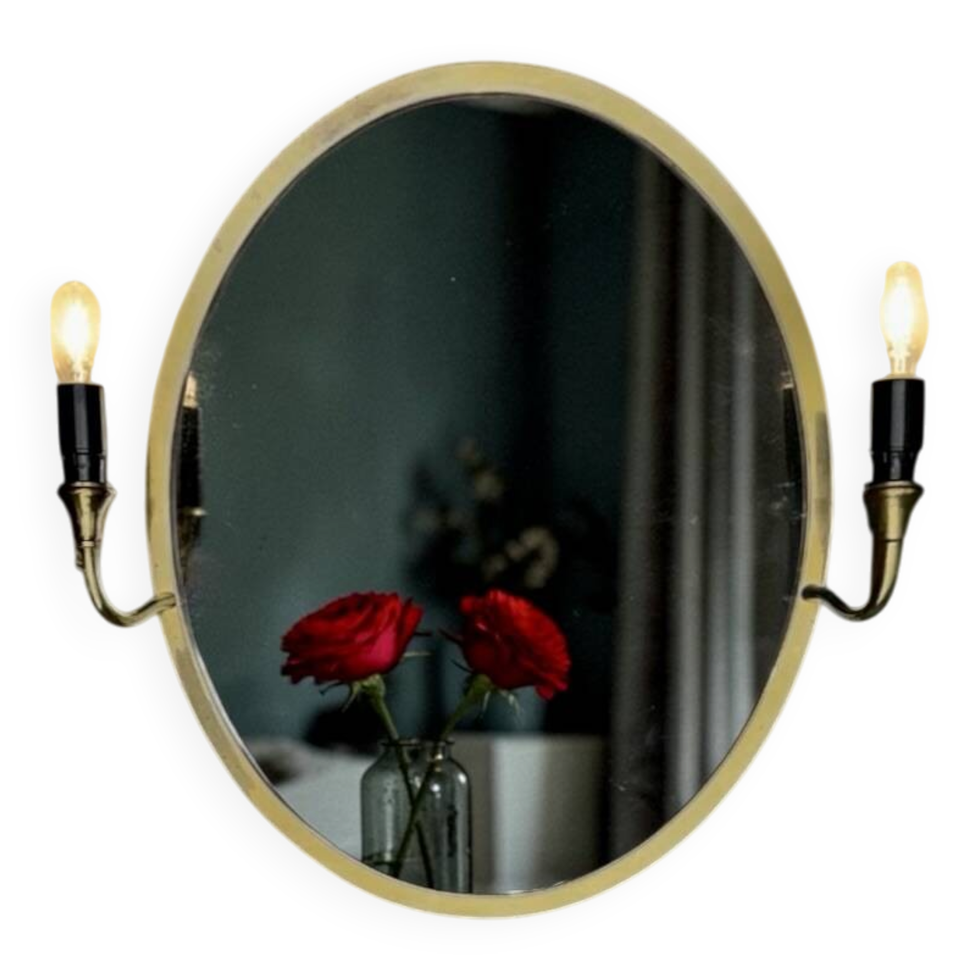 Oval wall mirror in gilded brass with double sconces – 1950s/60s