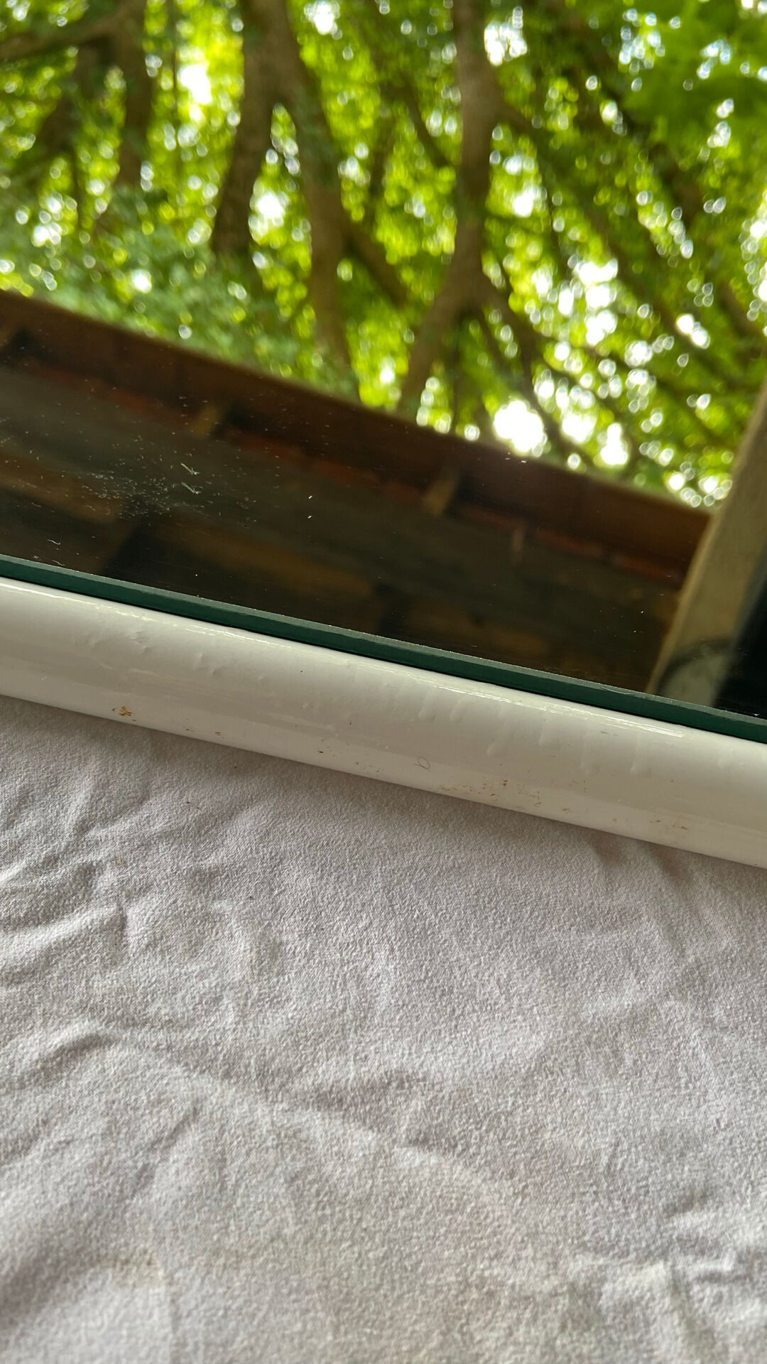Vintage Space Age mirror / 70s rounded white tubular frame — 71 x 55