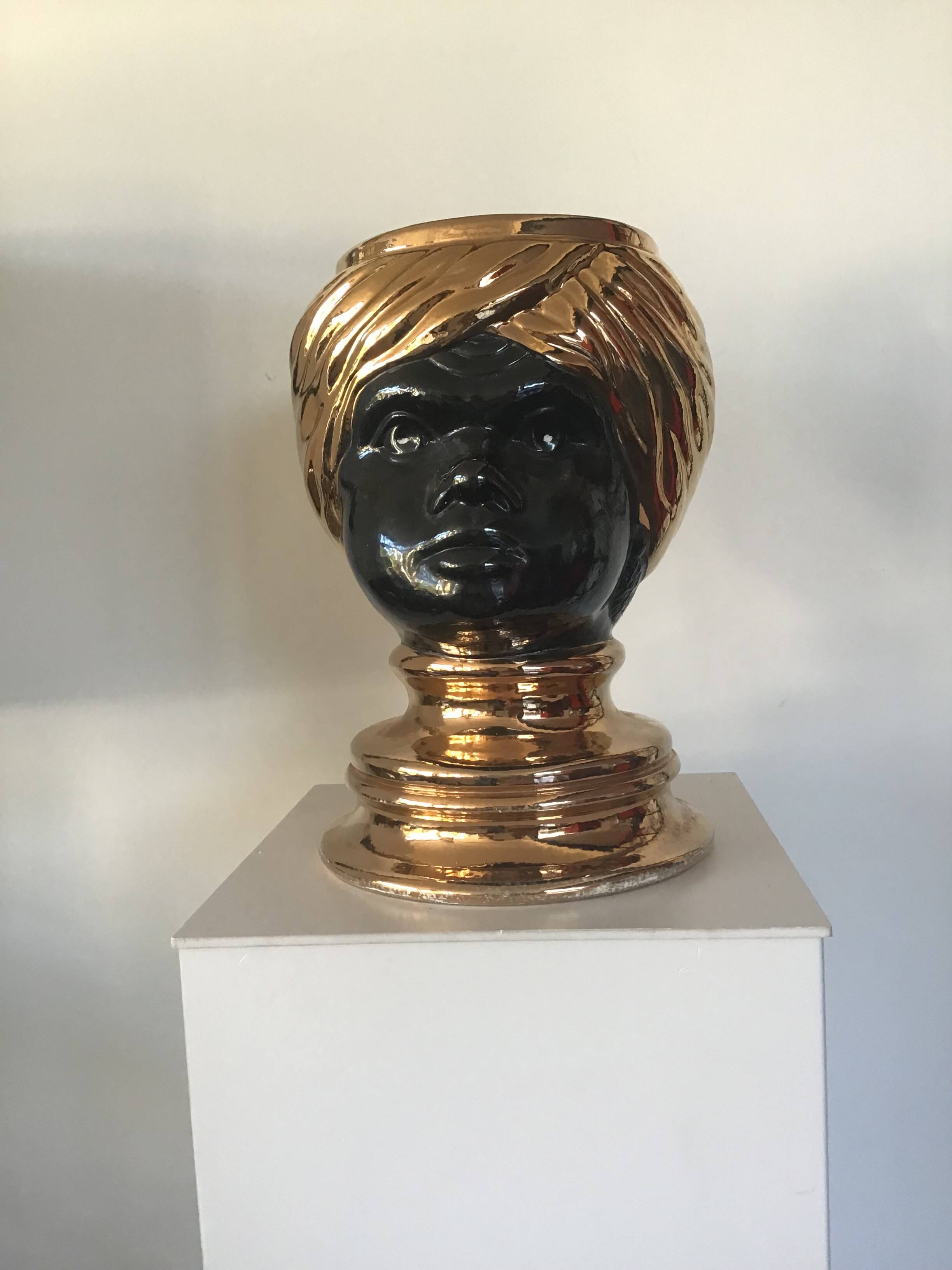 Nubian head vase or pot in black ceramic dlg by Piero Fornasetti