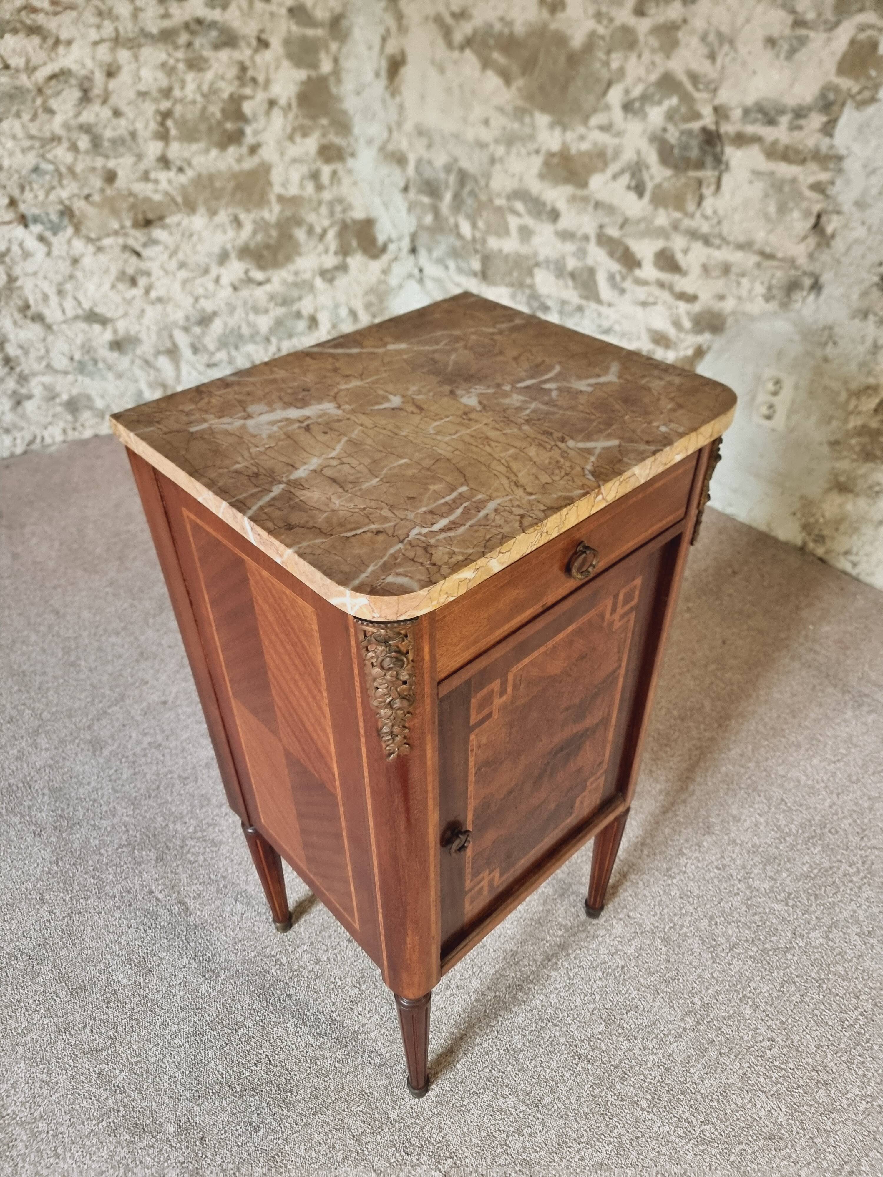 Antique French mahogany and walnut bedside table with marble top