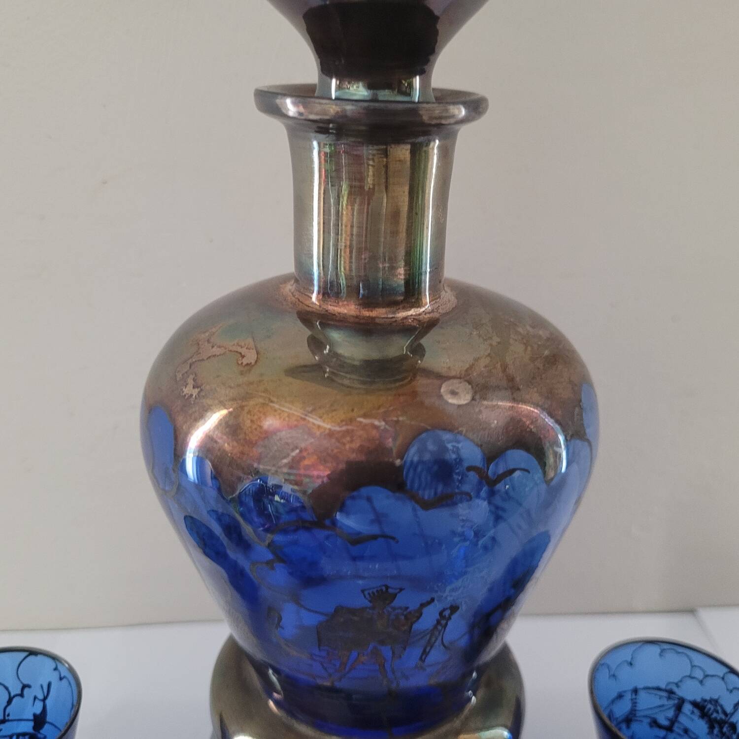 Carafe et 5 verres bleu cobalt décor or
années 1950