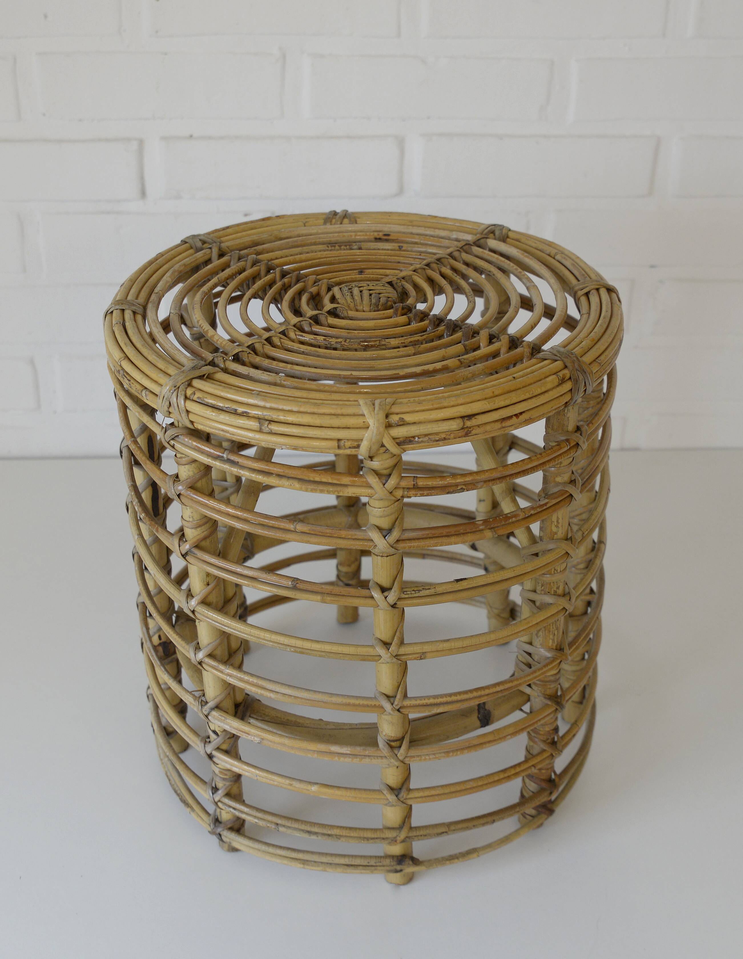 Vintage bamboo stool rattan plant stand mid-century wicker side table