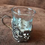 Set of 3 small metal glasses and saucers
