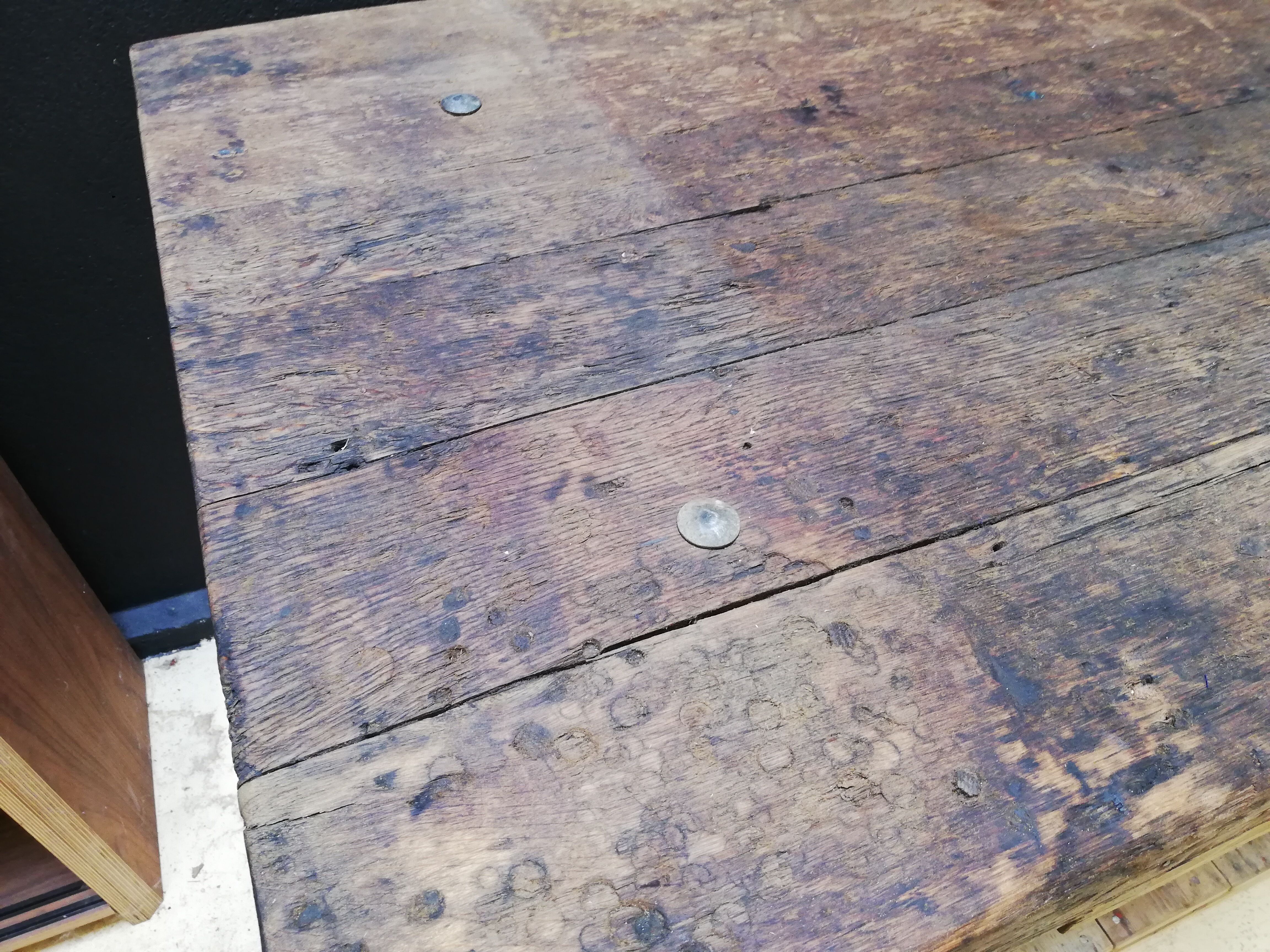 Old vintage wooden carpenter's workbench, industrial decoration