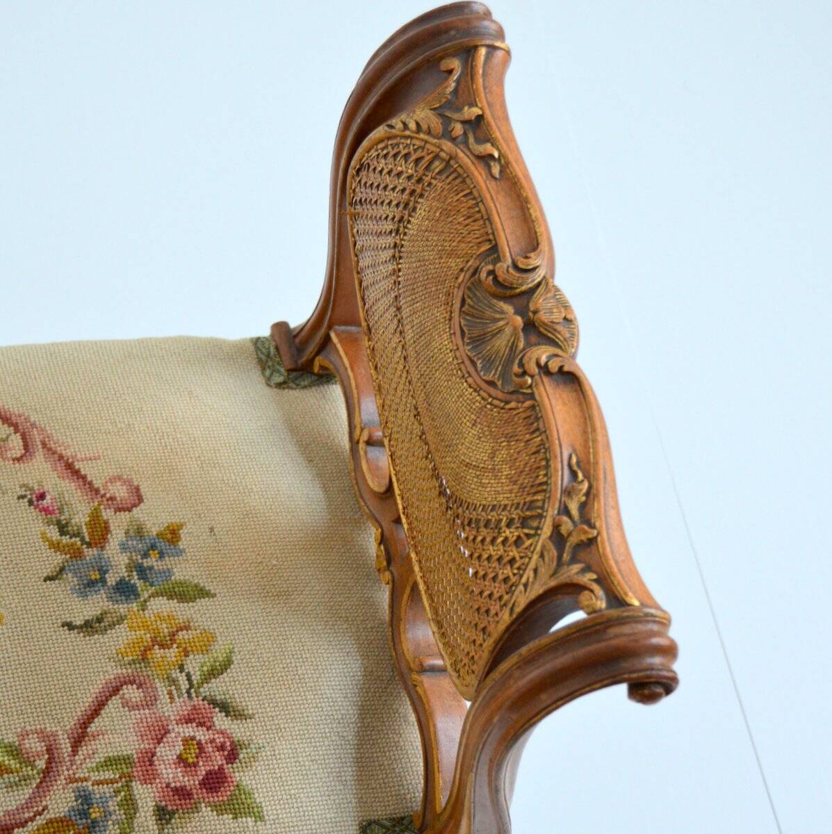 Stool / small bench in canvas, canework and wood late 19th century