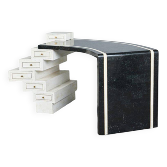 Unique Writing Desk with Black and White Stone Veneer and Brass Inlays