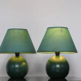 Pair of small green wooden ball lamps