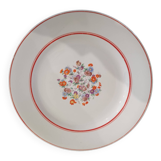 Round vintage porcelain dish with red edging and floral pattern Moulin des Loups