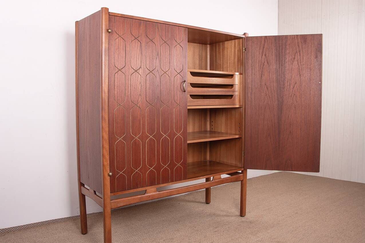 Swedish High Cabinet, Teak, Beech, Brass model Napoli, David Rosen 1960.