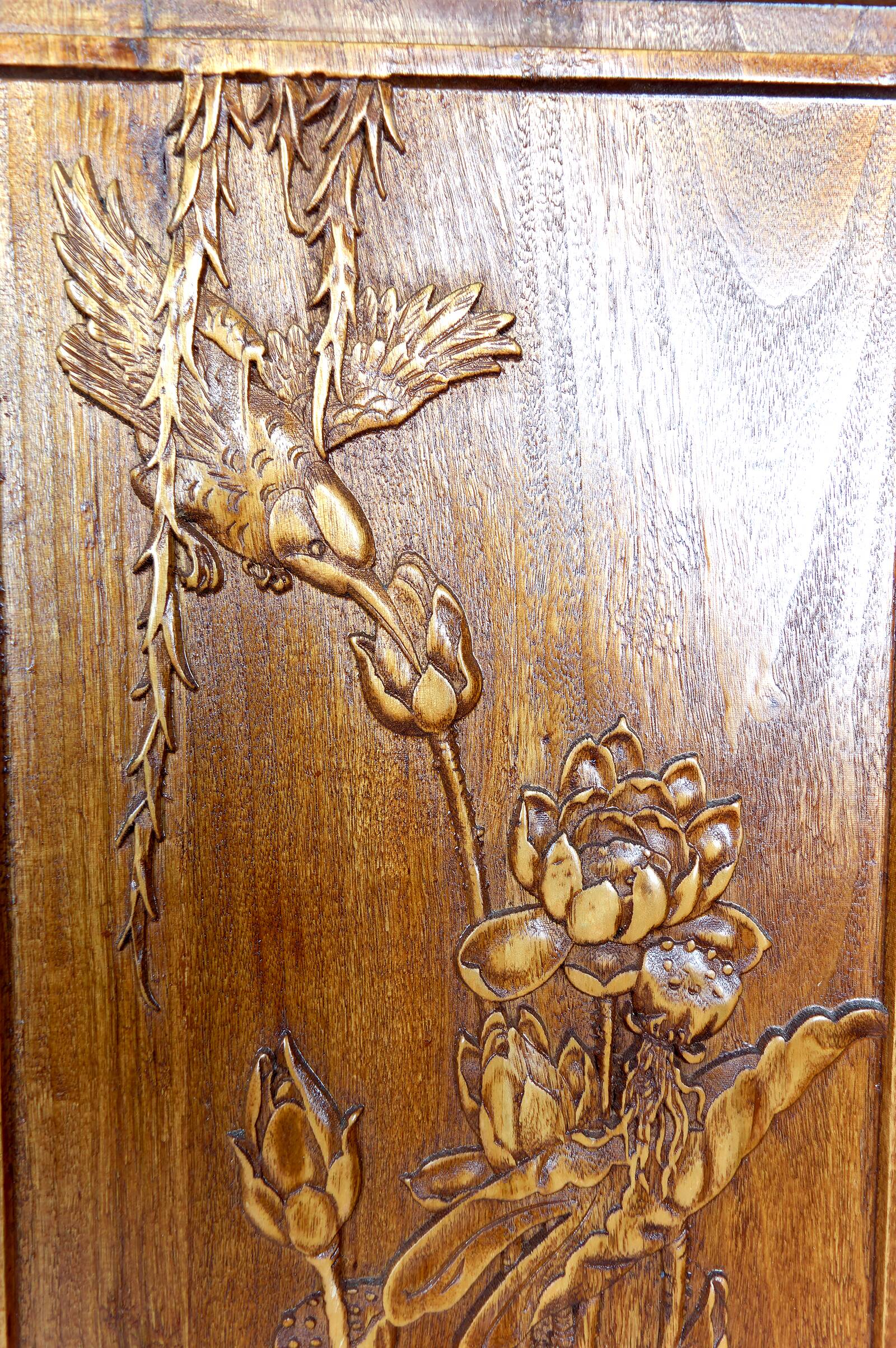3 carved wooden panels, floral and animal decorations, Indochina
