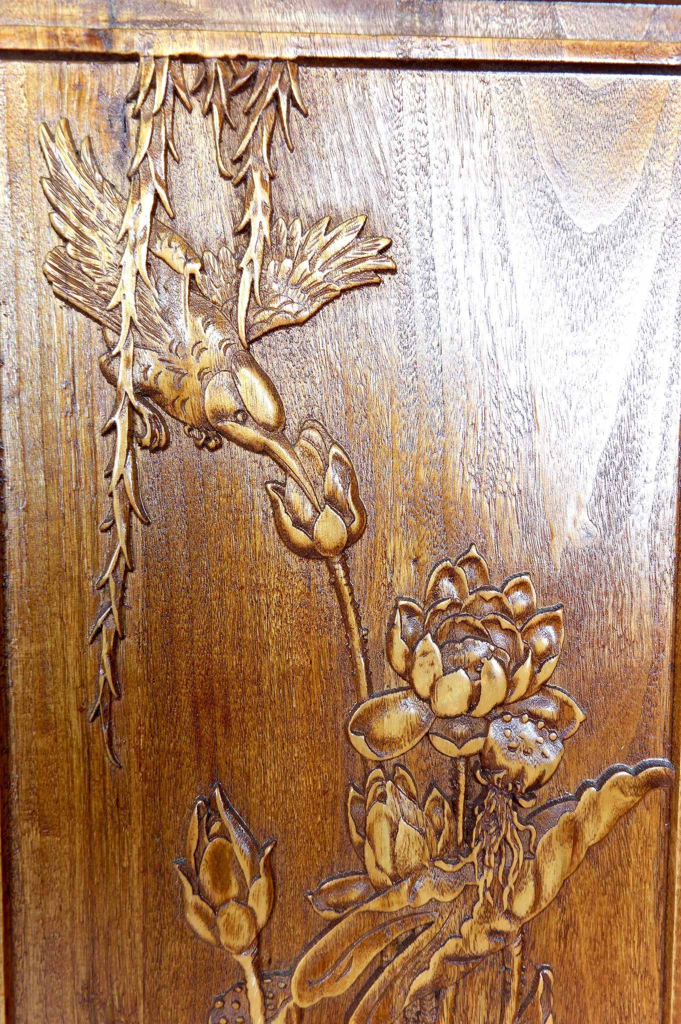 3 carved wooden panels, floral and animal decorations, Indochina