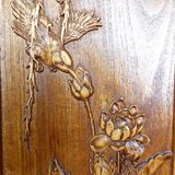 3 Panneaux en bois sculpté, Décors Floraux et Animaliers, Indochine